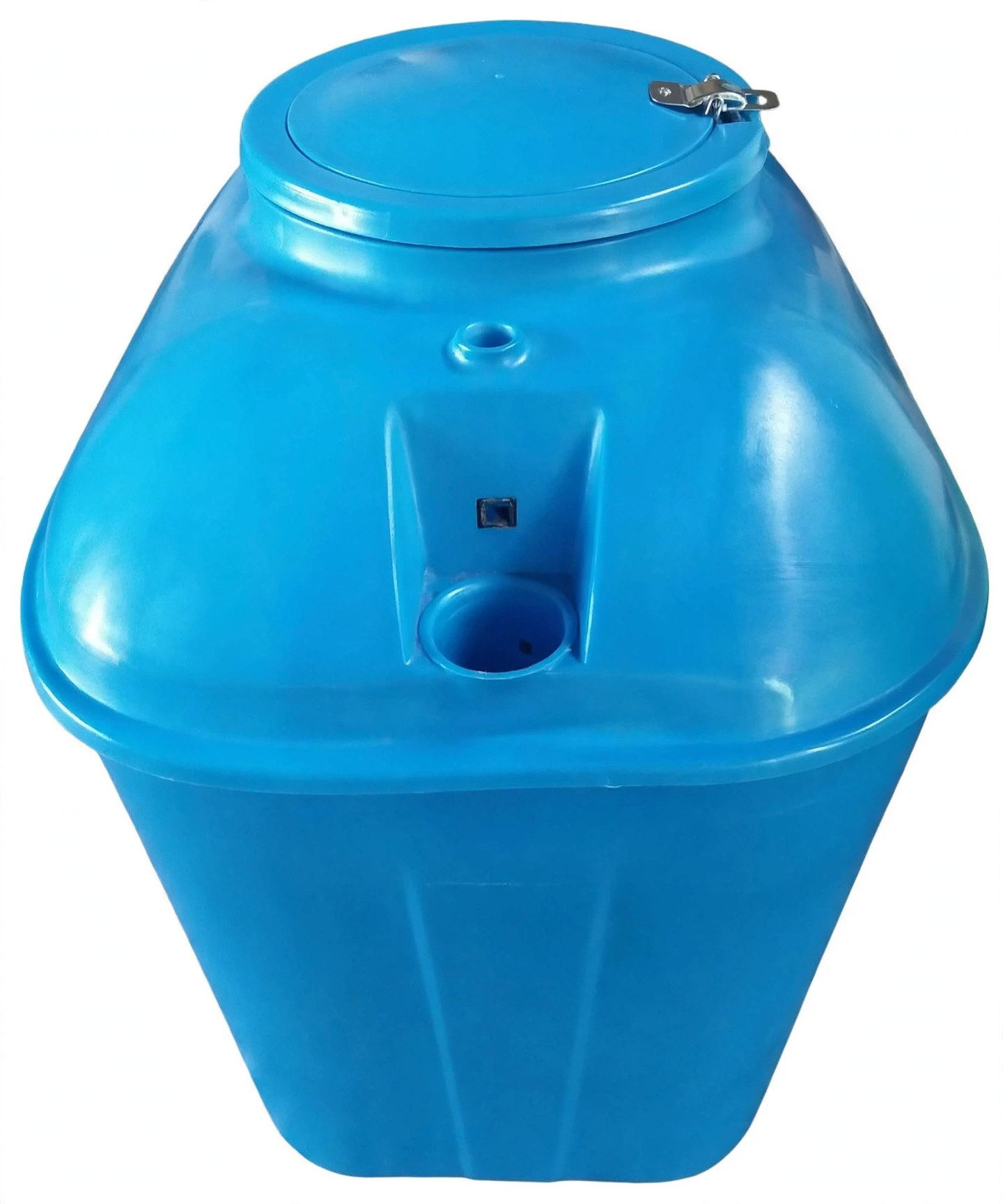 Septic tank biofilter fiberglass Bio Solid System berwarna biru berbentuk tong tegak dengan tutup kontrol dan pipa inlet outlet