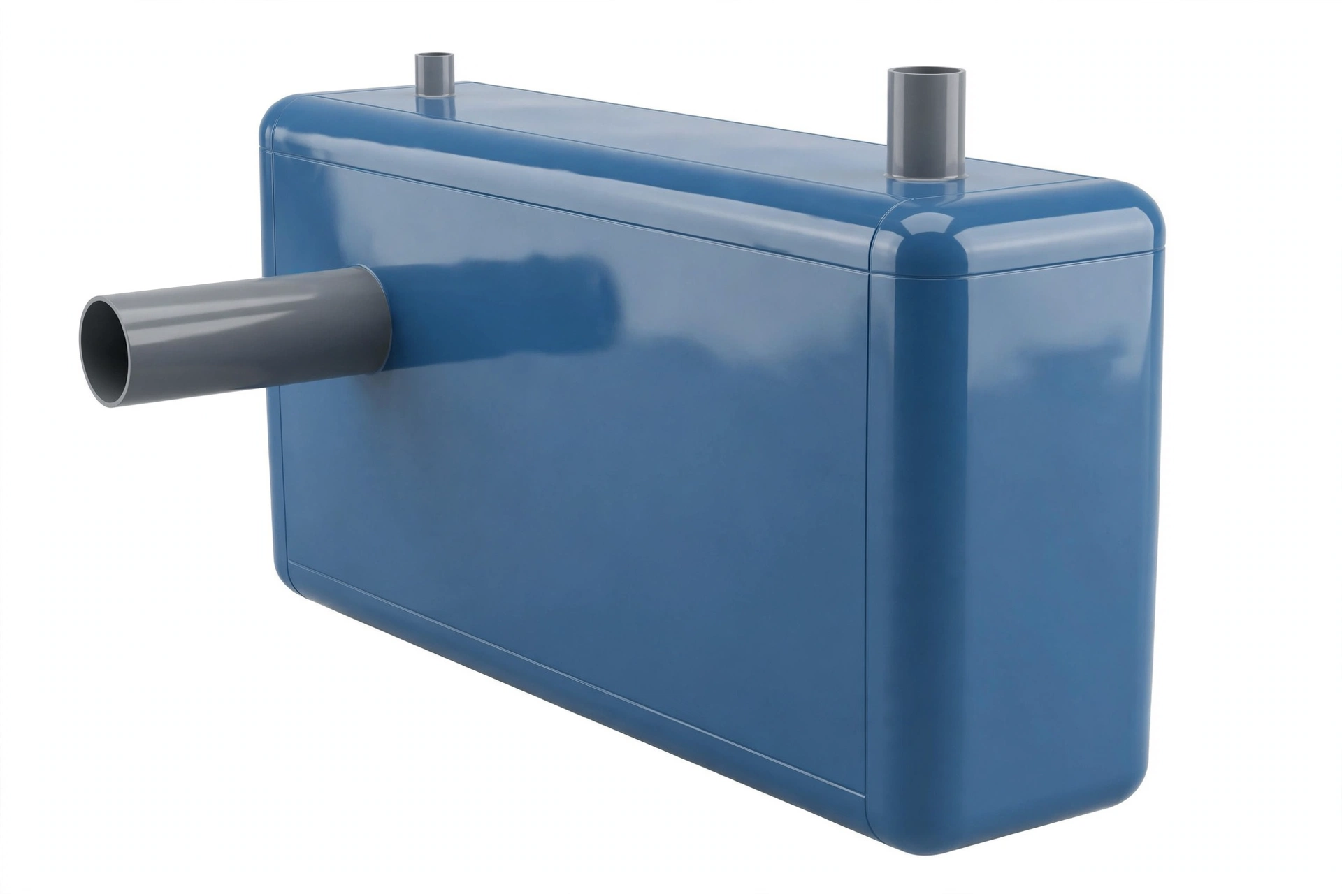 Septic tank Bio Cap fiberglass pipih berwarna biru dengan satu pipa inlet di samping dan dua pipa di bagian atas