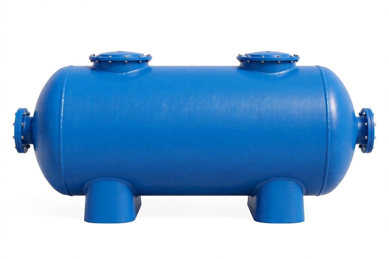 Tangki FRP silinder horizontal berwarna biru dengan dua manhole dan sambungan flange (ST C2)