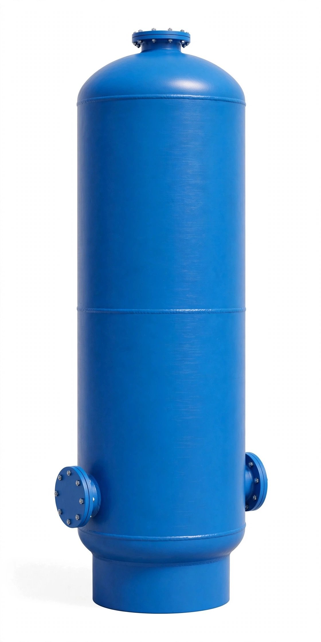 Tangki FRP silinder vertikal berwarna biru dengan manhole di atas dan sambungan flange di bawah (ST C1 dan ST C3)