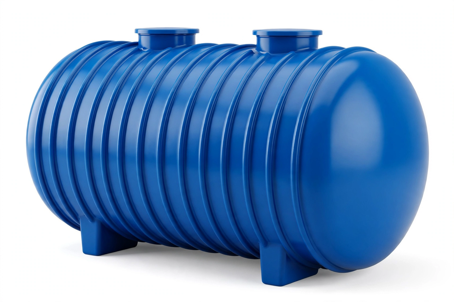 Ground water tank fiberglass berwarna biru berbentuk drum horizontal dengan rib penguat dan dua tutup kontrol di atas