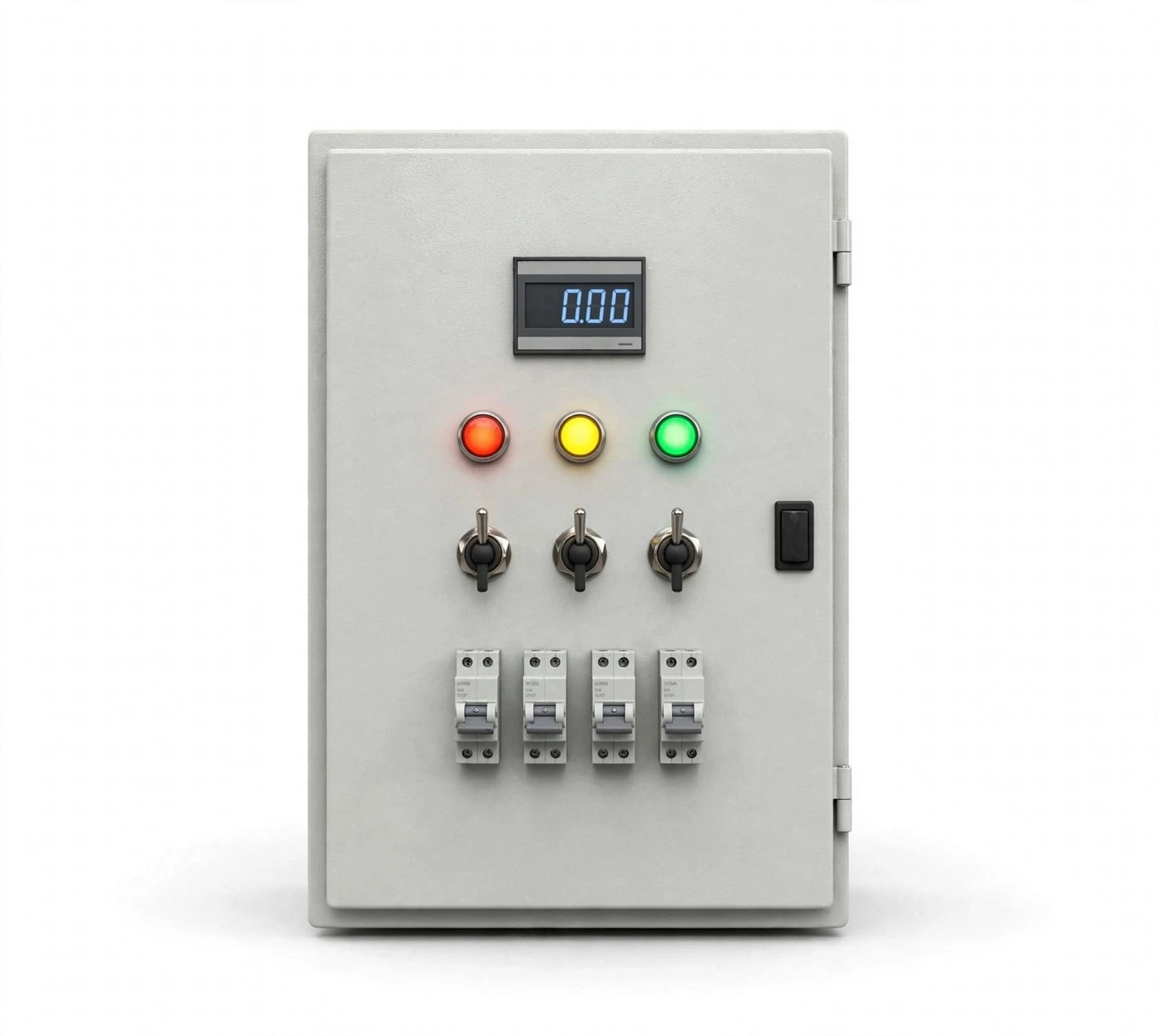 Panel control STP berwarna putih dengan lampu indikator dan circuit breaker
