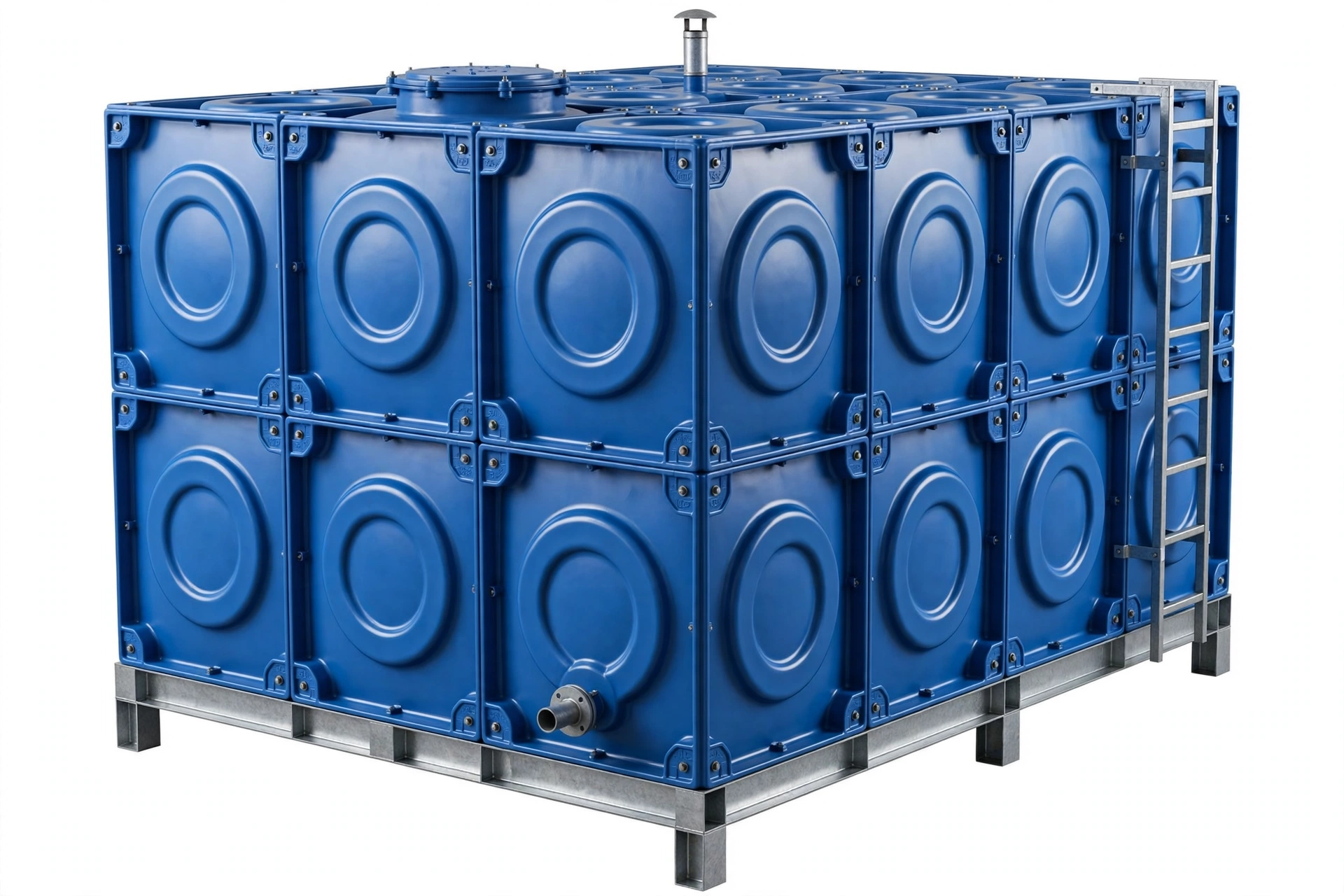 Tangki air fiberglass panel knock down berwarna biru dengan tangga luar dan rangka baja
