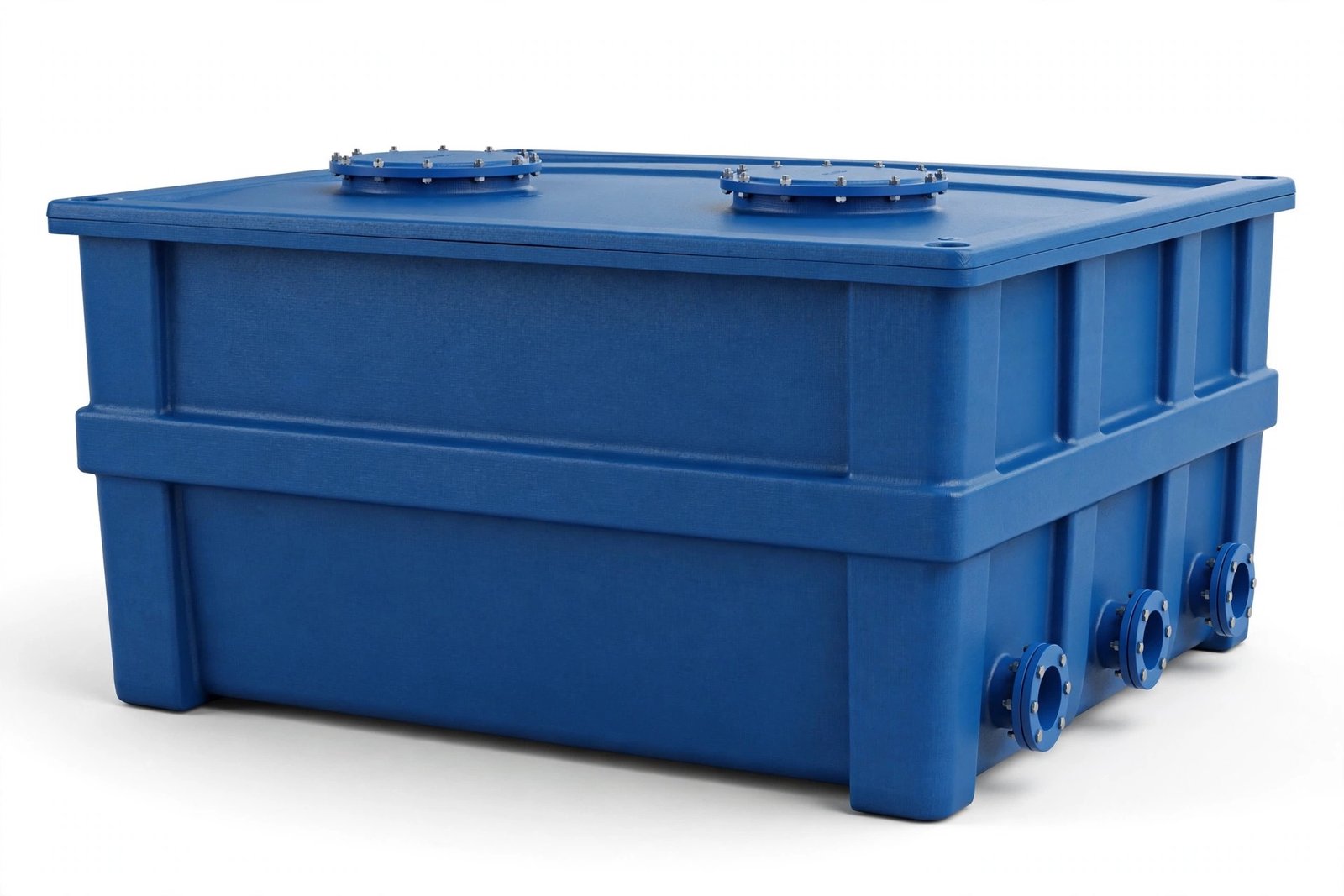 STP sewage treatment plant fiberglass berwarna biru dengan dua tutup manhole dan sambungan flange